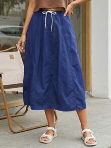 Falda midi cargo para mujer, estilo casual y moderno, color liso, cómoda, con cordón ajustable. - Azul - Ver 2