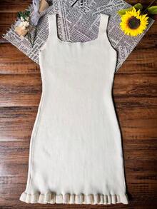 1pc Women's Summer Square Neck Ruffle Hem Fitted Sleeveless Knit Dress - Apricot - View 9