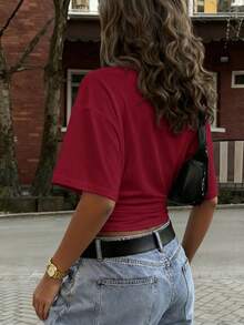 New Stylish Elegant Solid Color Casual Versatile Waist Ruched T-Shirt, Suitable For Daily, School, Beach, Vacation, Home Summer - Wine Red - View 5