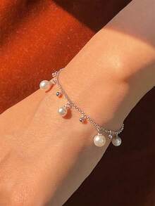 BALMORA 1件S925纯银星空仿珍珠手链，浪漫法式风格腕带，女孩生日礼物 - 銀色 - 查看 7