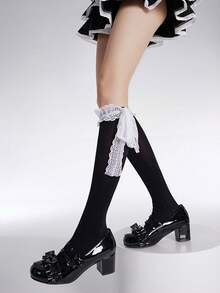 经典黑色蕾丝蝴蝶结过膝长袜，简约性感风格 - 彩色 - 查看 4