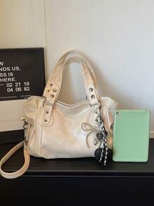 This Is A Stylish And Versatile Shoulder Bag. It Has A Large Capacity, A Solid Color Design, And Is Made Of Vintage PU Material. A Perfect Choice For Going To Work, With An Ape - 灰色 - 查看 9