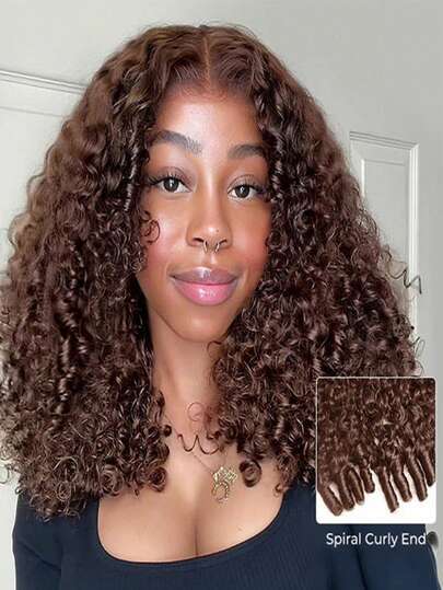 Tóc giả nửa đầu 3 trong 1 không cần keo, màu nâu sô cô la, tóc xoăn kiểu Miến Điện, tóc thật, có dây rút co giãn, kiểu lật ngược.