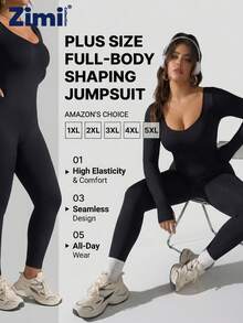 Zimi Collection 1pc Plus Size Women Seamless Long Sleeve Jumpsuit 1XL-4XL, Black Tummy Control Lift Butt Compression Shapewear For Fitness Yoga Running Workout - Black - View 7