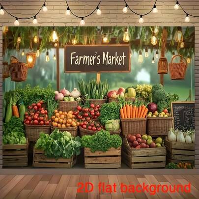 2D平面农贸市场背景横幅，1件装 - 色彩鲜艳的涤纶墙面装饰，饰有新鲜农产品和复古黑板设计，适用于家居、房间或派对背景，是拍照道具和空间装饰的理想之选，农贸市场装饰
