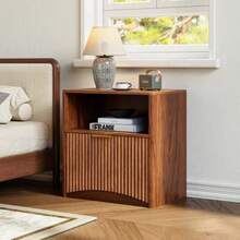 Slotted Bedside Table With Open Drawer And Gold Handles, Space-Saving, Suitable For Bedrooms And Living Rooms, Walnut Look. - Walnut - View 2