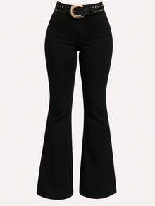 Calça Country Flare Jeans Feminina Lisa Modela Bumbum Linha Premium Cintura Alta com Lycra Rodeio Cavalgada West - Preta - Lisa - Visão 3