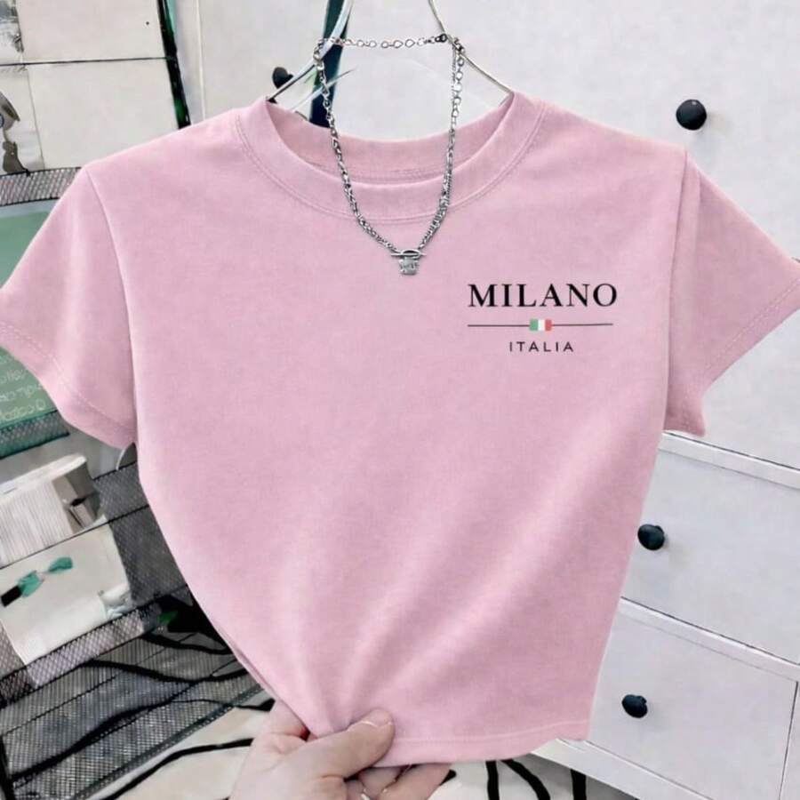 Women's Cropped T-Shirt "Milano Italia" Short Top, Short Sleeve, Round Neck, New Arrival, 100% Cotton - Màu Hồng baby - Xem 1