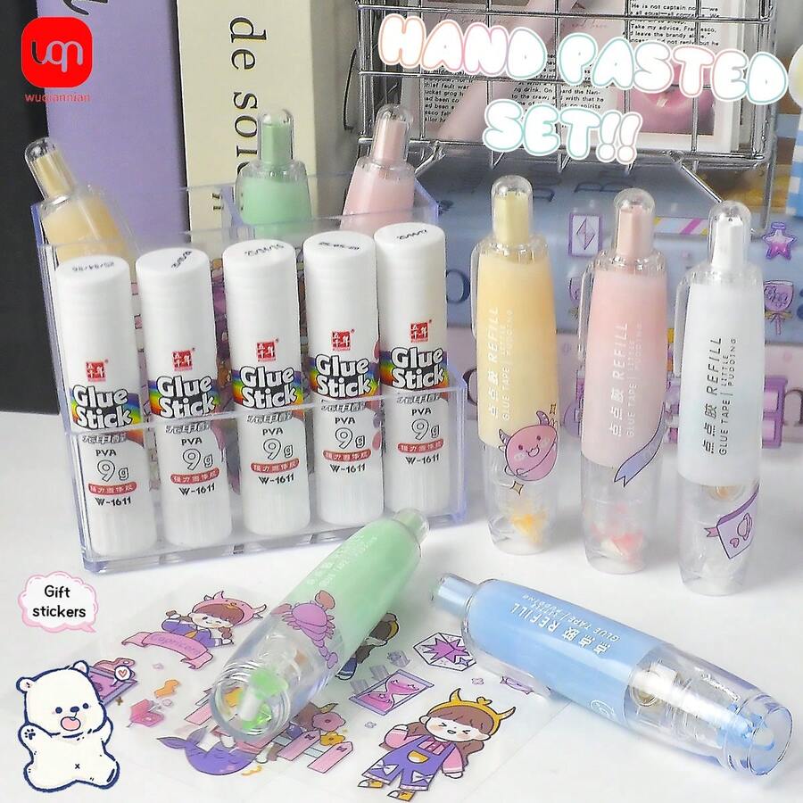 WQN 1pc Large Capacity Double-Sided Glue Dot Dispenser 2pcs White Solid Glue Sticks 2pcs Cute Cartoon Stickers High-Value Study Tool Set Back-To-School Essential - Sets - View 1