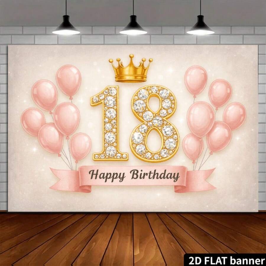 2Dflat, 1pc Luxurious Pink Coming Of Age With "18" Diamond And Crown | Polyester Material, No Power Needed, Perfect For 18th Birthday Party, Suitable For Indoor And Outdoor Decoration