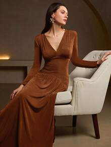 Women's Elegant High Stretch V-Neck Ruched Bust Knit Maxi Dress – Ideal For Date Night, Romantic Holidays, Office Party & Spring Event Looks - Coffee Brown - View 5