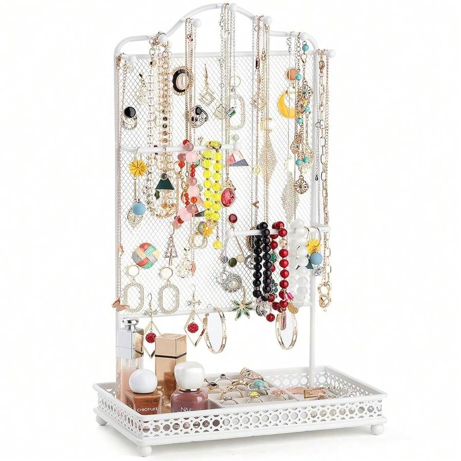 Jewelry Organizer Stand, Earring Holder Rack For Hanging Earrings Necklace Bracelets Watches Jewelry Display Large Rings Storage As Women Gift (White) - 耳環白色 - 查看 1