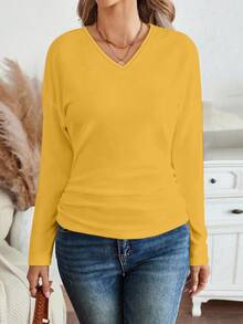 Camiseta amarilla de manga larga con cuello en V casual y versátil para mujer, camiseta suelta de hombros caídos de unicolor, semitransparente - Amarillo - Ver 1