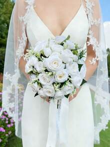 Bridal Wedding Bouquet With Heart-Shaped Diamond Ribbon Decor, Artificial Rose Flowers, Suitable For Destination Wedding Ceremony, Anniversary, Valentine's Day Decoration - Multicolor - View 10