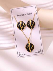 2026 New Fashion Oil-Pressed Handmade Drip Oil 3 Pieces Set 304 Stainless Steel Gold-Plated Earring & Necklace Set Daily Commute / Party & Date Accessories - Diamond Pattern - View 3