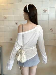 Casual Oblique Shoulder Printed Lightweight Long Sleeve Outerwear T-Shirt, Stylish Top For Women - White - View 10