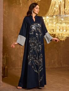 SUPGIR Women's Stand Collar Long Sleeve Embroidered Evening Dress - Navy Blue - View 6
