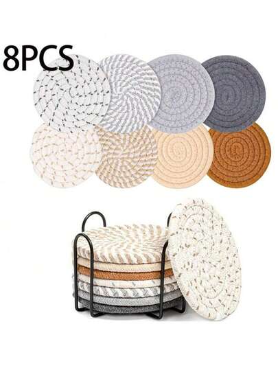 8 Pcs Drink Coasters With Holder,  Woven Drink Coasters, Handmade Fabric Coasters, Minimalist Table Woven Coasters,Kitchen Table Heat-Resistant Coasters And Thick Insulation Pads,4 Colors Absorbent Coaster Set For Home Decor Tabletop Protection Suitable For Kinds Of Cups, Bohemian Style, 4.3 Inches.