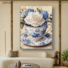 2D Flat, Vintage Floral Teacup Wall Art - Elegant White & Blue Floral Cup Painting In Beige Background - Framed Canvas Print Living Room, Bedroom, Office Decor - Housewarming, Birthday, Wedding, - Classic Home Decoration - Easy Hanging Indoor Decoration, Bedroom Artwork, Artistic Design, Durable Artwork, Decorative Sign, Interior Designers, 2D Flat - Framed - View 5