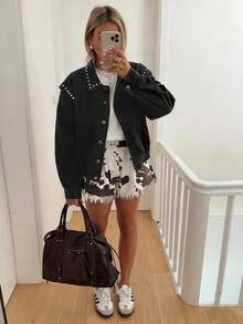 Áo khoác nữ kiểu phi công dáng rộng cổ điển có túi, tay dài, thích hợp cho mùa xuân và thu, màu đen. - màu đen - Xem 2