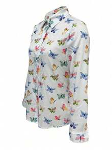 Women's Butterfly Print Long Sleeve Shirt, Casual Button Front Blouse, Fashionable Design, Suitable For Spring And Autumn - White - View 4