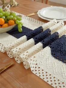 1pc Bohemian Style Tablecloth, Home Dining Table Decor Table Runner, Farmhouse Vintage Tablecloth Decor, Suitable For Living Room, Holidays, Bridal Shower Gifts - Navy Blue - View 5