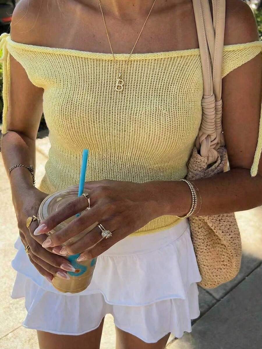 Top casual de punto amarillo con hombros descubiertos, estilo Y2K, esencial para vacaciones en la playa y salidas - Amarillo - Ver 1