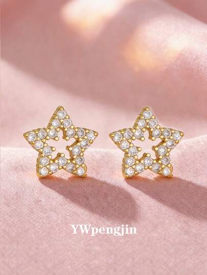 1pair Delicate Sparkling Popular Copper & Zirconia Five-Pointed Star Stud Earrings Suitable For Kids Girls Family Friends Classmates Party Banquet Festival Datings Summer Beach Vacation Jewelry Gift For Daily Wear