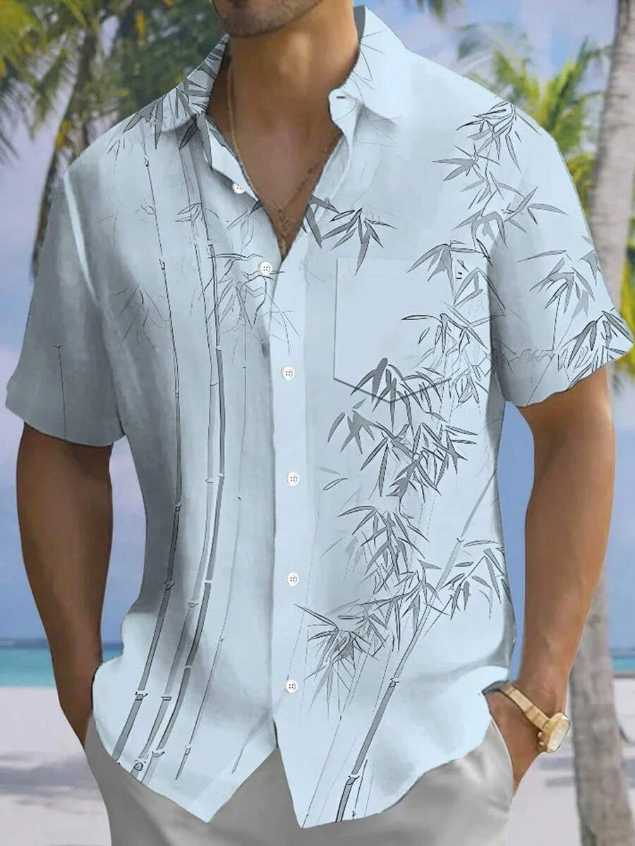 Hawaiian Bamboo Leaf Print Men's Button-Down Lightweight Loose Pocket Short Sleeve Shirt