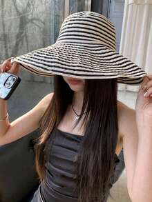 1pc Foldable Wide Brim Bucket Hat, Retro Striped Bucket Hat, Elegant Ladies Sun Hat, Casual Bohemian Style, UV Protection, Polyester Sun Hat Suitable For Spring & Summer - A - View 7