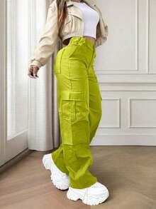 Solid-Color Multi-Pocket Buttoned Casual Y2K Leisure Elegant And Cute Work Pants.Suitable For Back-To-School, Clubs, Birthday Parties, Halloween, New Year, Thanksgiving, Concerts, Gyms, Beaches, Vacations, Business, Daily Airport Wear, Street Style, Teacher's Day, Spring, Summer, Autumn And Winter. - 檸檬綠 - 查看 3