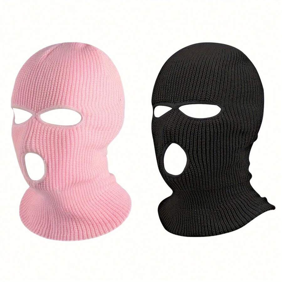 2 Pieces 3-Hole Full Face Balaclava Mask Black Ski Mask Unisex, Knitted Balaclava For Outdoor Activities - Đen + Đen - Xem 1