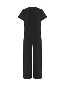 Bộ jumpsuit nữ màu đen cổ chữ V, tay ngắn, ống rộng, dáng rộng thoải mái, có túi, thích hợp mặc hàng ngày khi đi biển mùa hè, kiểu dáng thanh lịch. - màu đen - Xem 6