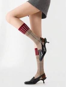 3双复古美式格子和千鸟格图案过膝袜，适合所有季节 - 彩色 - 查看 9