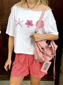 Off-Shoulder Short Sleeve T-Shirt With Starfish, Flower, And Shell Prints, Versatile Wear, Casual Summer Vacation - White - View 3