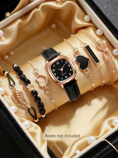 7Pcs/Set Women's Watch Elegant, Fashionable, Exquisite Square Quartz Watch, Paired With Exquisite Leaf Bracelet Set, Suitable For Women's Daily Wear, Birthday/Festival Gifts, Homecoming, Vacation, Party Decoration, Perfect Gift For Women On Valentine's Day