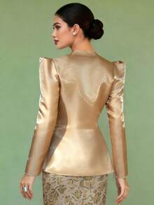 Blusa elegante de encaje con cuello en V y manga larga para mujer, color champán, primavera/verano - Champán - Ver 2