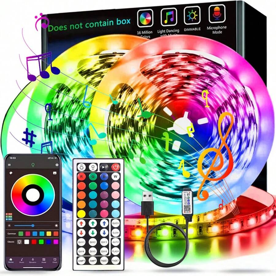 1pc 3.28ft/9.8ft/16.4ft/32.8ft/65.6ft 44-Key/24-Key Remote Control Smart App Controlled RGB5050 LED Strip Lights, Multicolor Changing Lights For Party, Room, Kitchen, Home TV, Home Decor - Multicolor - View 1
