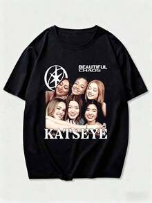 KATSEYE The Beautiful Chaos Graphic,Unisex Short Sleeve GIFT For Fans Graphic Print Design Casual Men's T-Shirt Tee Shirt  For Men - 黑色 - 查看 1