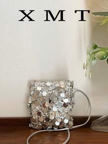 1个绗缝开合式PVC亮片小方包，时尚闪亮亮片零钱包手机包，女士派对活动包，新款时尚链条斜挎包，闪亮亮片别致单肩包，适合女士出席宴会和派对 - 銀色 - 查看 2