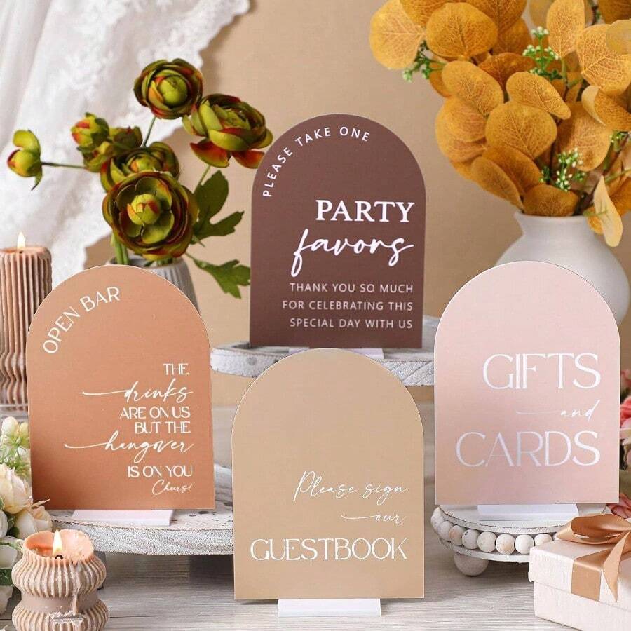 4 Pcs Acrylic Wedding Signs Ceremony And Reception, 5x7 Inch Sage Green Wedding Signage Decor With Stand, Guest Book, Cards And Gifts, Open Bar, Favor Signs Marriage Memorial Ceremony - 波西米亞棕色 - 查看 1