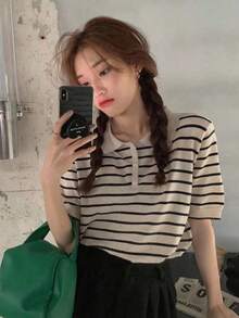 女士 Polo 领纽扣条纹百搭短袖上衣 - 杏色 - 查看 9