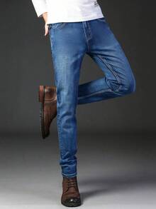 男士商务休闲直筒牛仔裤，弹力牛仔裤，适合日常穿着，时尚百搭 - 寶藍色 - 查看 3