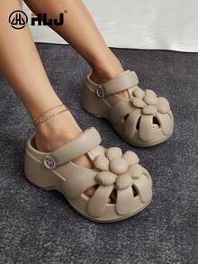Nuevas sandalias de verano para mujer de moda casual al aire libre con cuña, decoración de flor hueca, transpirables y de slip-on, suela gruesa de tacón alto de unicolor - Caqui - Ver 3
