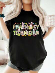 Camiseta de Farmacéutica de Pascua con Conejo y Técnico de Farmacia Feliz Día de Pascua  Camisetas de verano, blusa informal de manga corta y cuello redondo para verano y primavera, ropa de mujer. - Negro - Ver 1