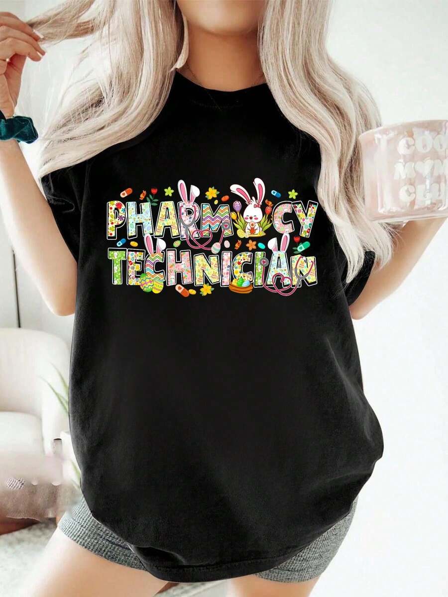 Camiseta de Farmacéutica de Pascua con Conejo y Técnico de Farmacia Feliz Día de Pascua Camisetas de verano, blusa informal de manga corta y cuello redondo para verano y primavera, ropa de mujer. - Negro - Ver 1