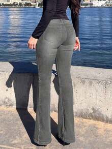 Fashionable & Elegant Minimalist Women's Double-Breasted Slim Fit Flare Leg Jeans, Slimming - Màu Xám nhạt - Xem 6