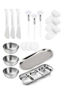 4-24件套美容面膜工具套装，包含不锈钢搅拌碗、托盘、玫瑰金分隔托盘，以及面膜混合和涂抹工具。套装包含3个玫瑰金搅拌碗、1个玫瑰金小托盘、1个分隔托盘、3个硅胶双头搅拌铲、3个扇形面膜刷、9个压缩洁面海绵和3个可调节发圈。适合派对、睡衣派对、SPA、送礼等场合。 - 彩色 - 查看 36