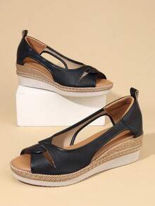 Women's Fashion Versatile Sexy Black Classic Lightweight Wedge Heel Thick Bottom Open Toe Sandals - Black - View 6