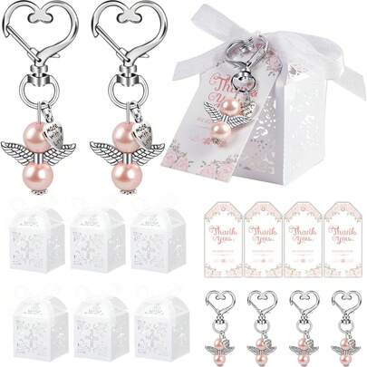 12pcs Baby Boy Christening Party Favor Set, Includes Angel Keychain, Gift Box And Thank You Card, Suitable For Baby Boy Christening Party, Baptism, Wedding And Other Occasions